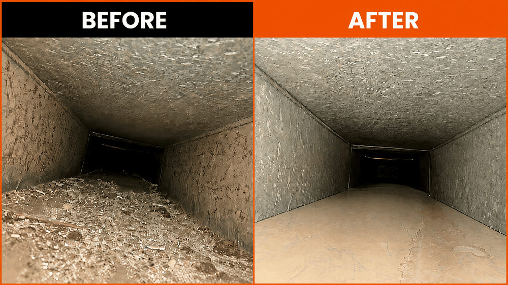 Before and after air duct cleaning results for a Troy, MI home — heavy dust and debris removed