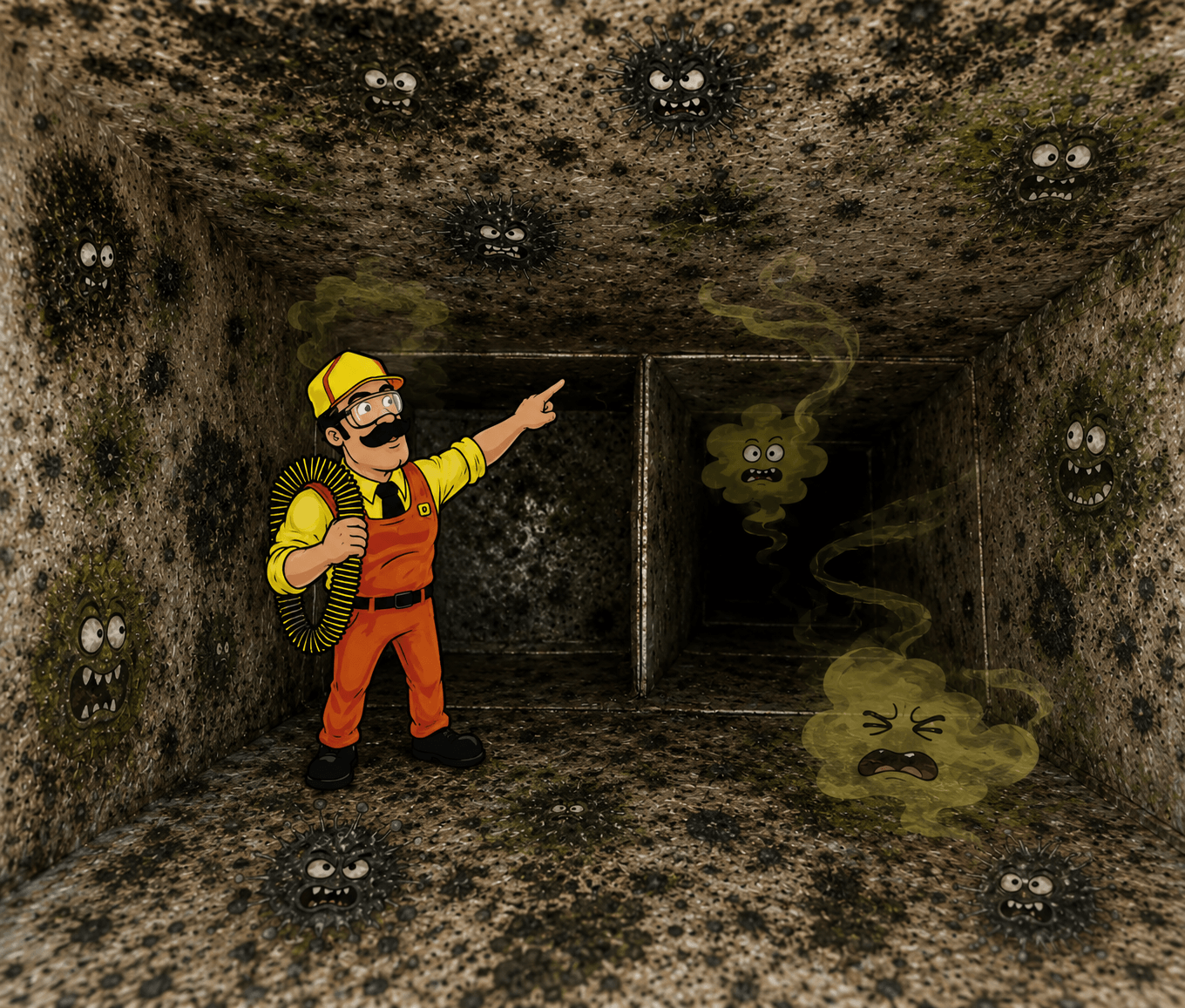Technician performing duct disinfection in a crawl space