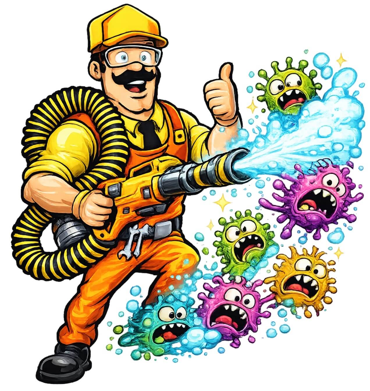 Donald's Duct Cleaning mascot performing disinfection service